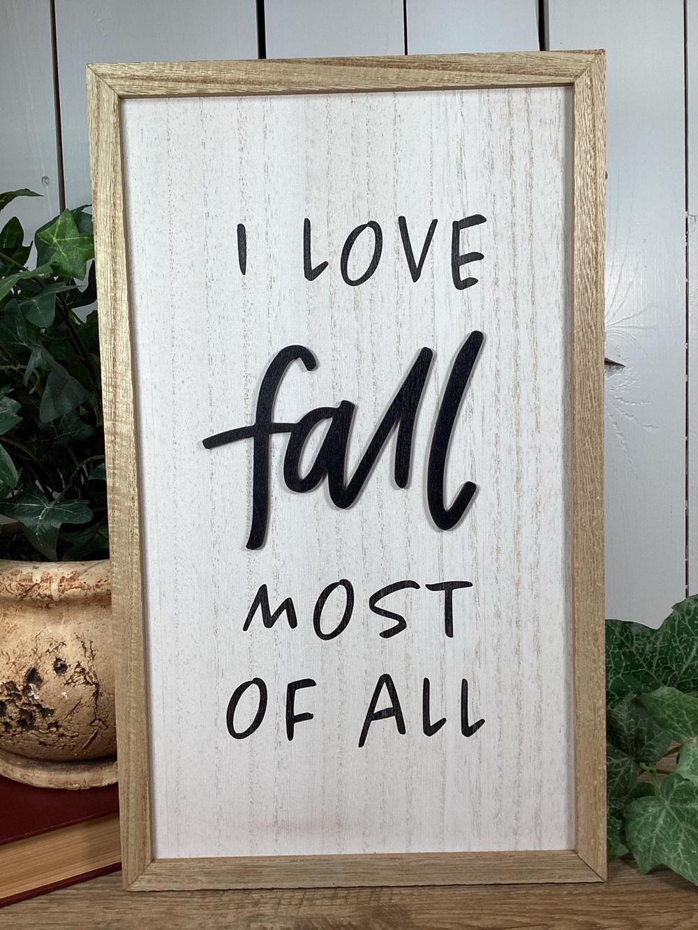 Fall Wooden Typography Art Sign Two Sided Love Fall & Autumn Leaves Pumpkins 15”